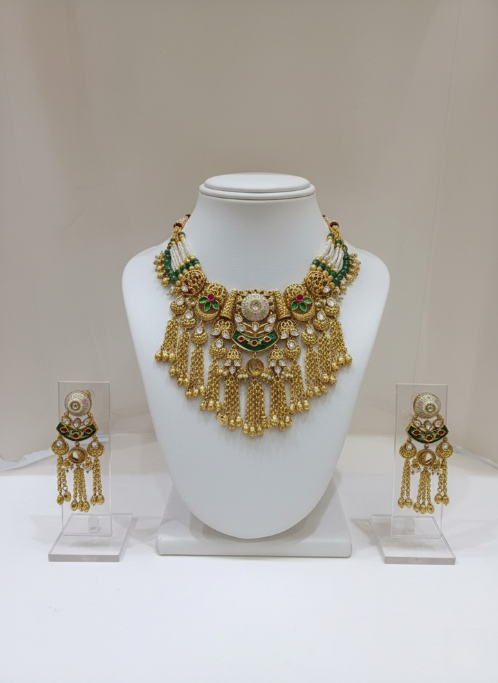 Antique Gold Kundan Temple Bridal Necklace Set with Pearl & Chain Drops