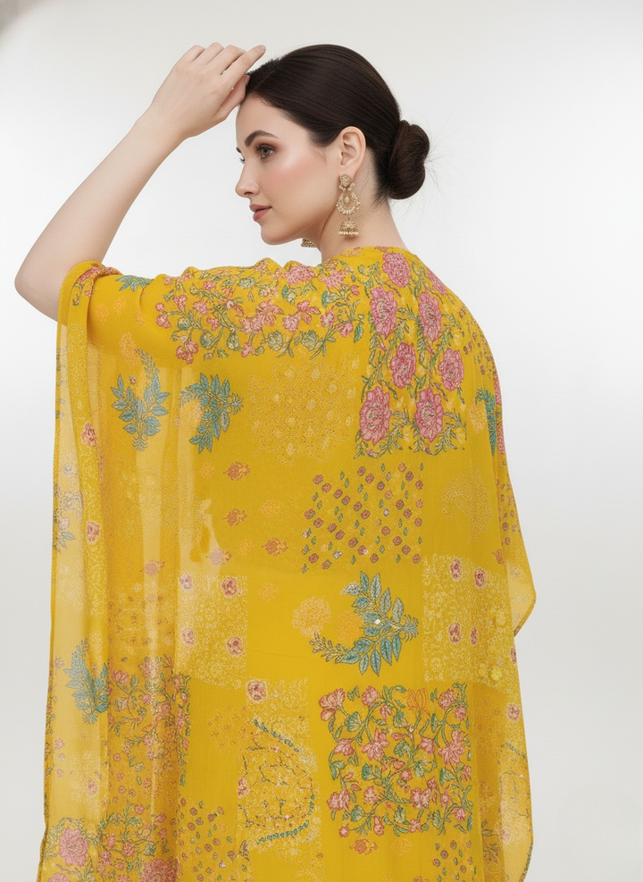 Mustard Floral Printed Crop Top, Palazzo Pants & Long Shrug Set