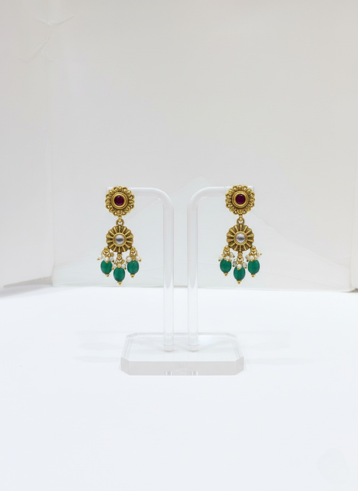 Antique Gold Temple Choker Set with Green Beads & Kundan Detailing