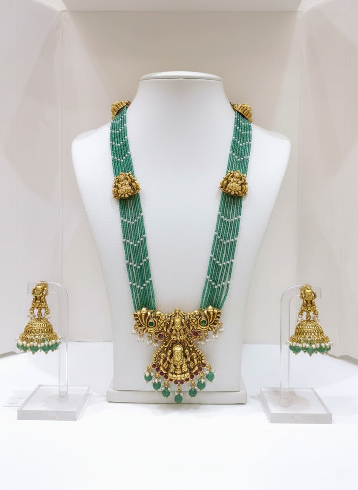 Antique Temple Jewelry Set with Green Beads and Lakshmi Pendant