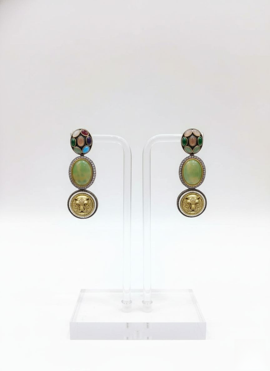 Antique Multicolor Gemstone Necklace Set with Lion Motif & Enamel Detailing