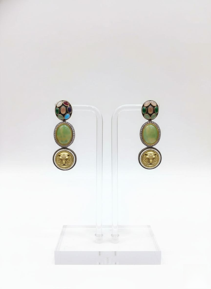 Antique Multicolor Gemstone Necklace Set with Lion Motif & Enamel Detailing