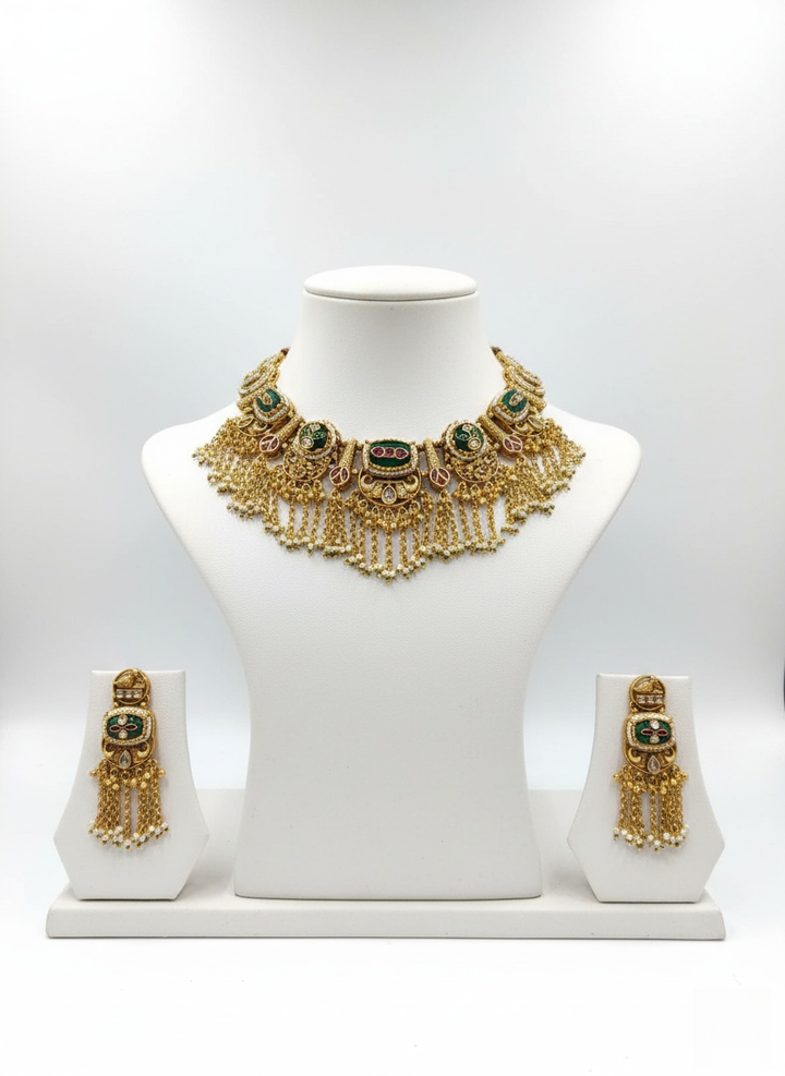 Royal Antique Gold Kundan Choker Set with Emerald & Ruby Stones