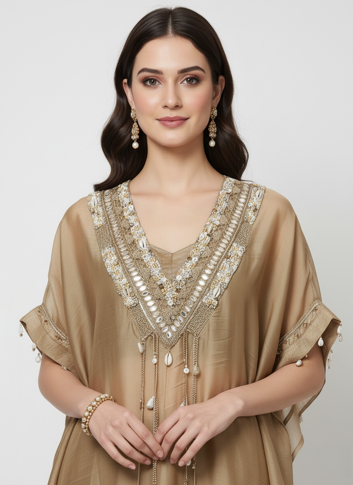 Golden Beige Embellished Kaftan Kurta with Palazzo Pants – Indo-Western Festive Set