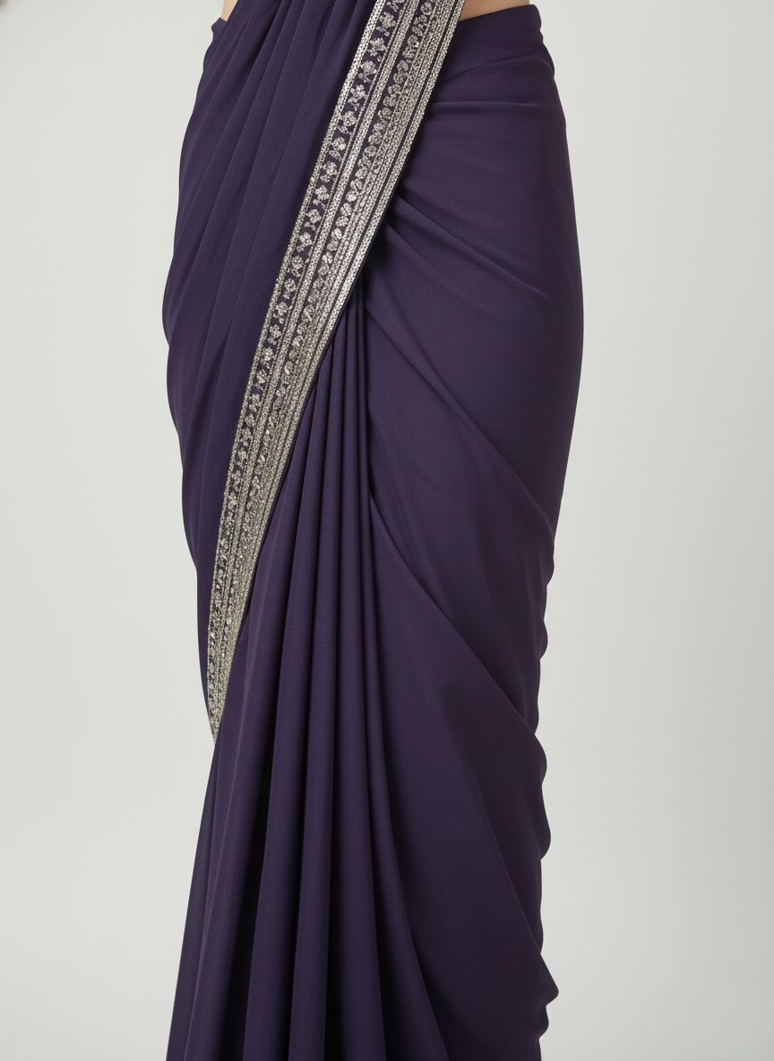 Navy Blue Ready-to-Wear Designer Embellished Saree with Fancy Blouse & Tassel Detailing