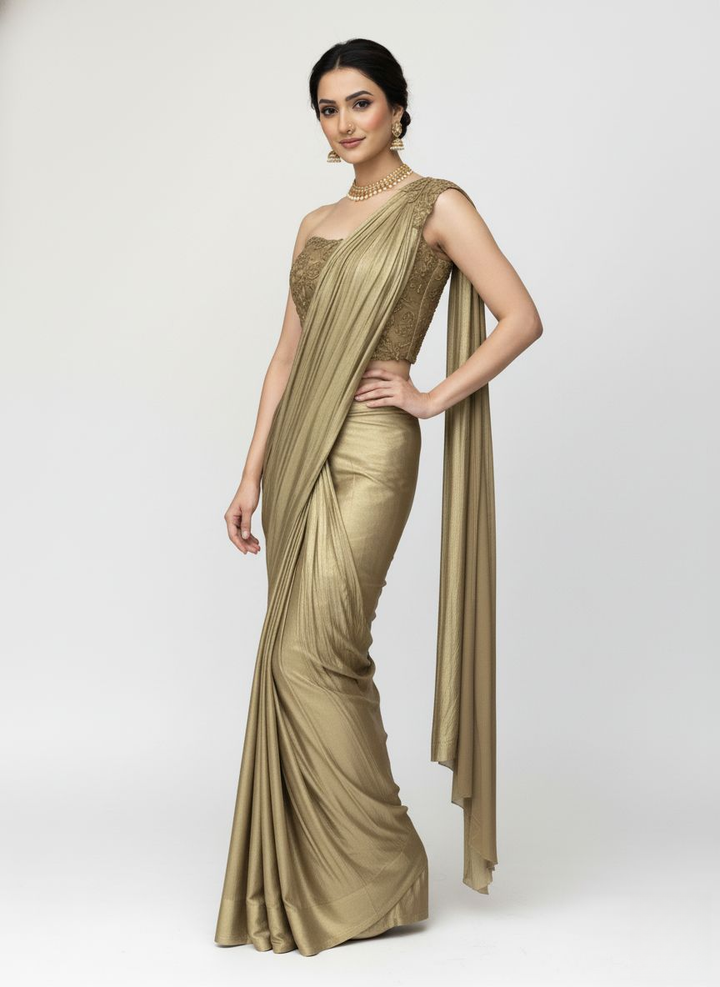 Ready to Wear Champagne Gold Drape Saree with Embroidered One-Shoulder Blouse