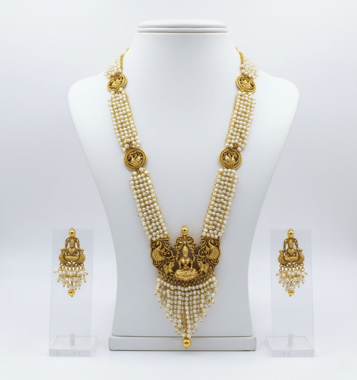 Temple Jewelry Set with Pearl Strands and Lakshmi Pendant