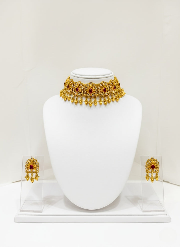 Royal Ruby Kundan Choker Necklace Set with Pearl Drops