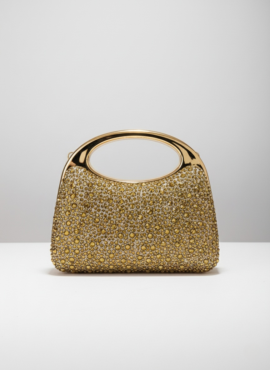 Golden Crystal Embellished Luxury Box Clutch Bag – Elegant Party Purse