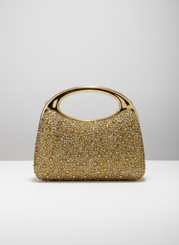 Golden Crystal Embellished Luxury Box Clutch Bag – Elegant Party Purse