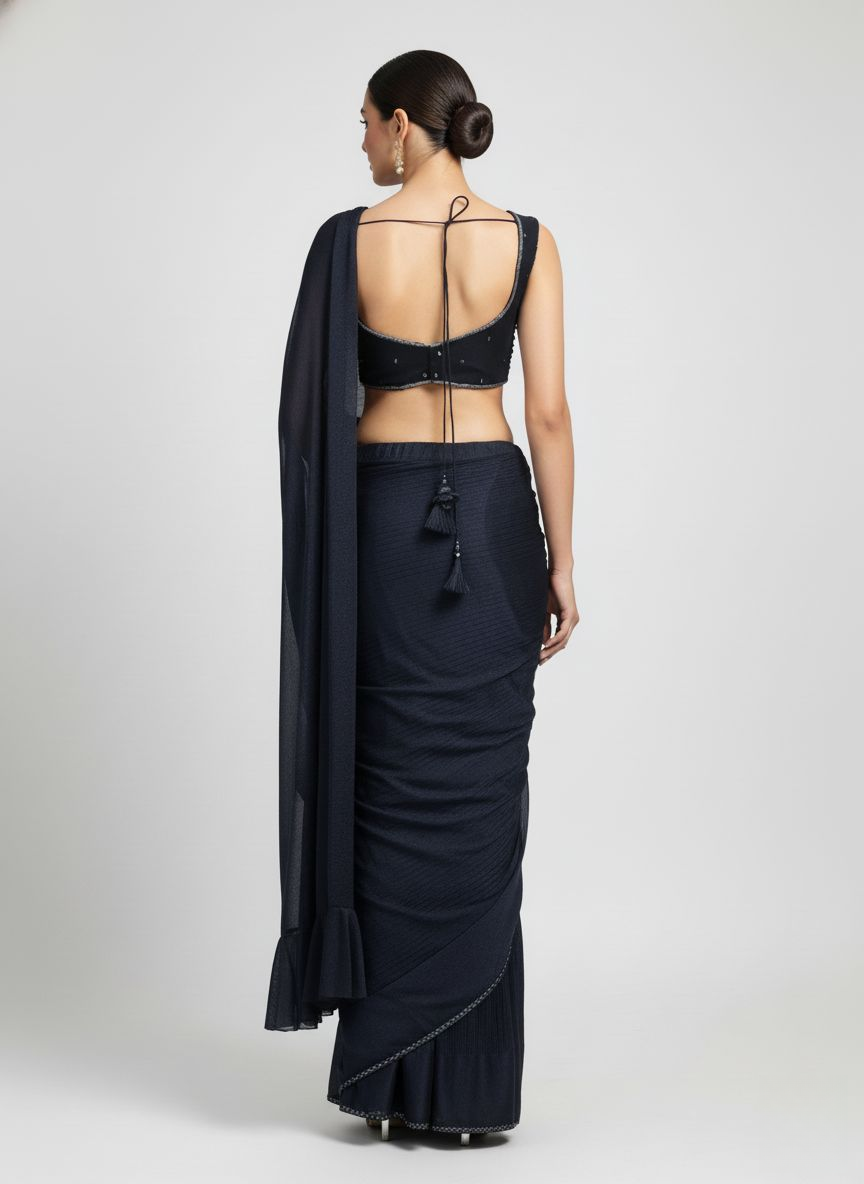 Navy Blue Ready-to-Wear Saree with Hand-Embroidered Blouse