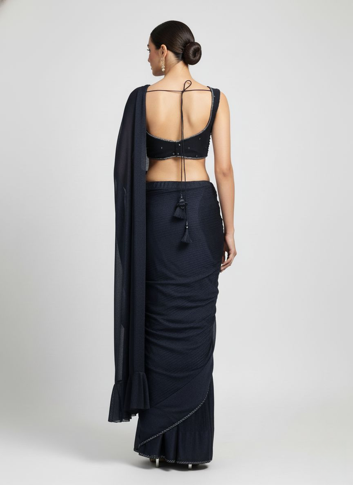 Navy Blue Ready-to-Wear Saree with Hand-Embroidered Blouse