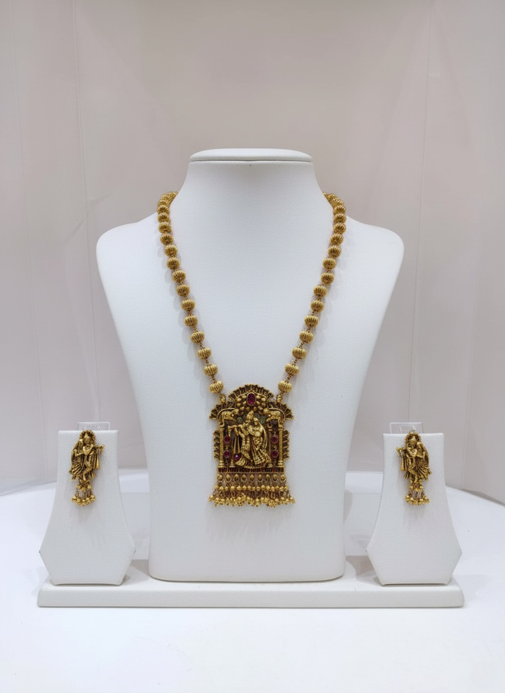 Temple Necklace Set with Radha-Krishna Pendant & Matching Earrings