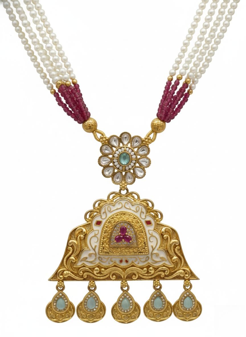 Royal Kundan Temple Necklace Set with Pearls & Ruby Beads