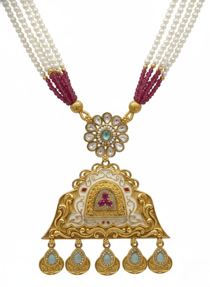 Royal Kundan Temple Necklace Set with Pearls & Ruby Beads