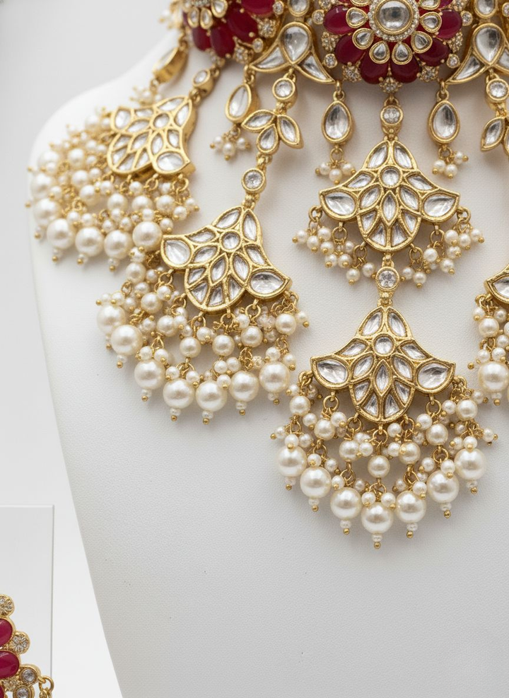 Ruby Red Kundan Bridal Choker Necklace Set with Pearl Drops & Matching Earrings
