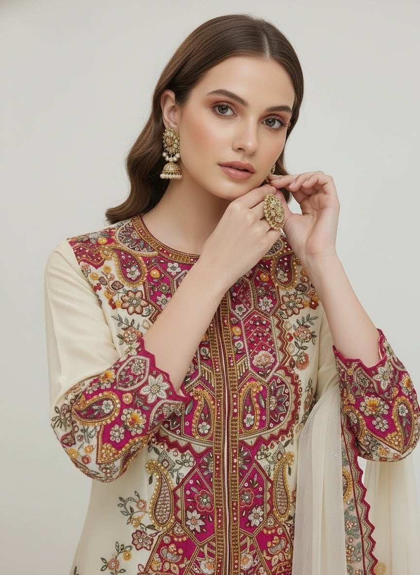 Ivory Embroidered Top with Pleated Lehenga & Dupatta Set