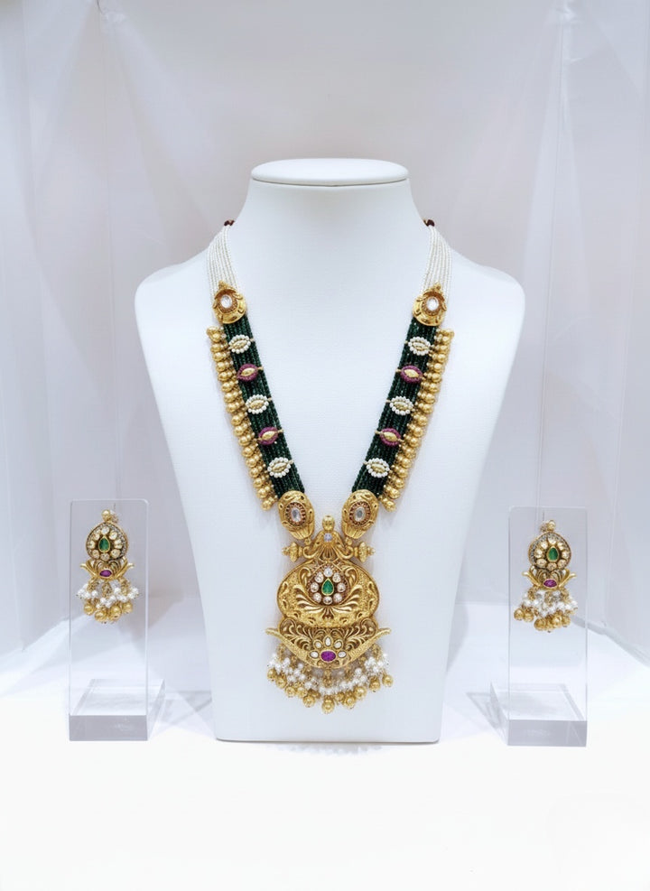 Antique Gold Temple Necklace Set with Lakshmi Pendant, Pearls & Kemp Stones