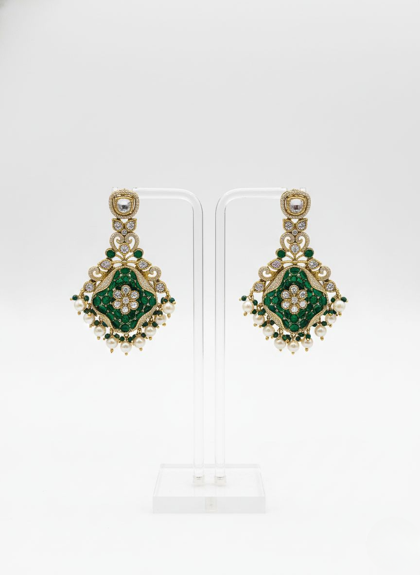 Emerald Green & Pearl Kundan Bridal Necklace Set with Heavy Statement Earrings