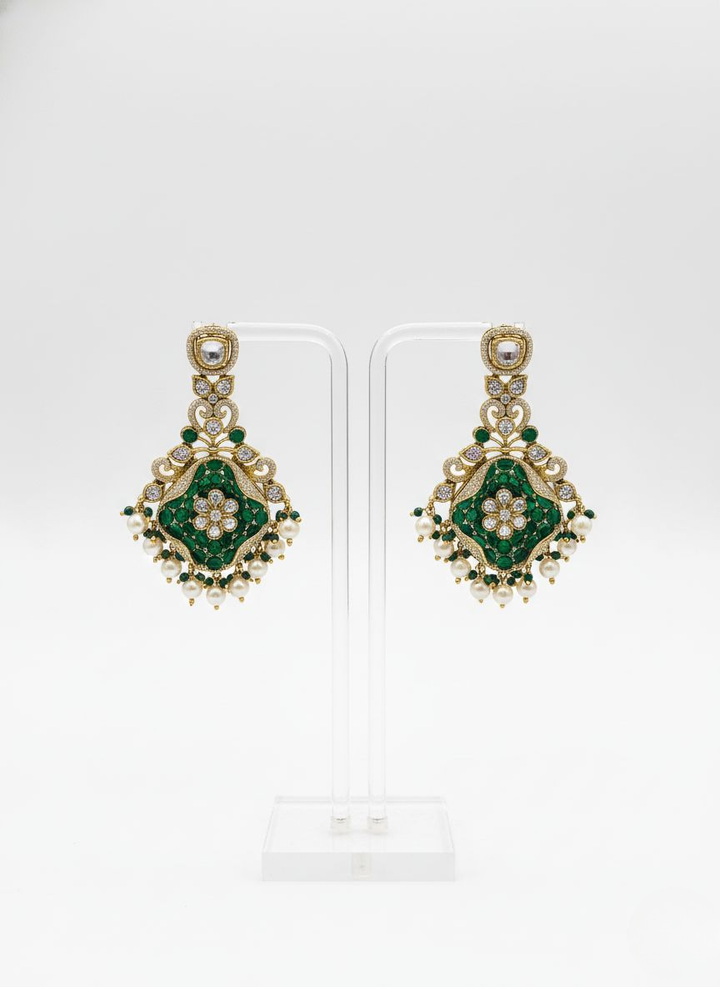 Emerald Green & Pearl Kundan Bridal Necklace Set with Heavy Statement Earrings