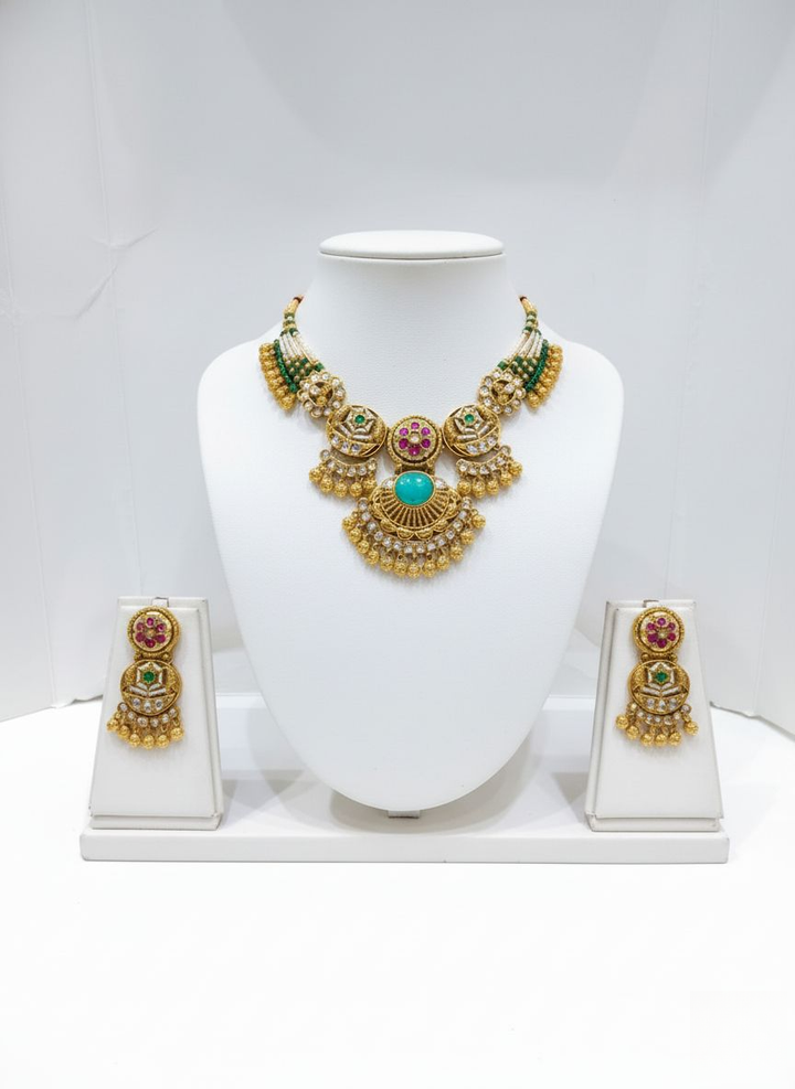 Antique Gold Kundan & Turquoise Temple Necklace Set