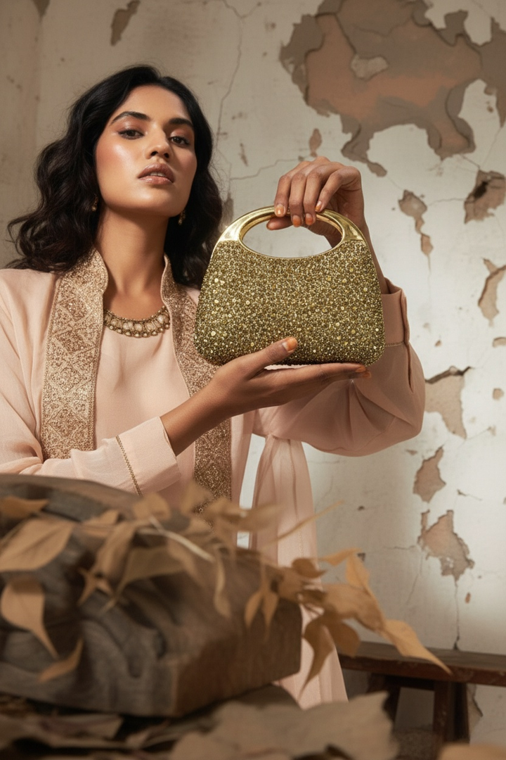 Golden Crystal Embellished Luxury Box Clutch Bag – Elegant Party Purse