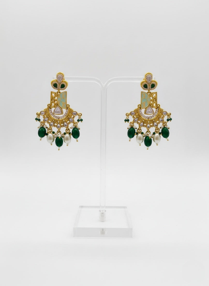 Antique Gold Meenakari Temple Necklace Set with Green Beads & Pearls