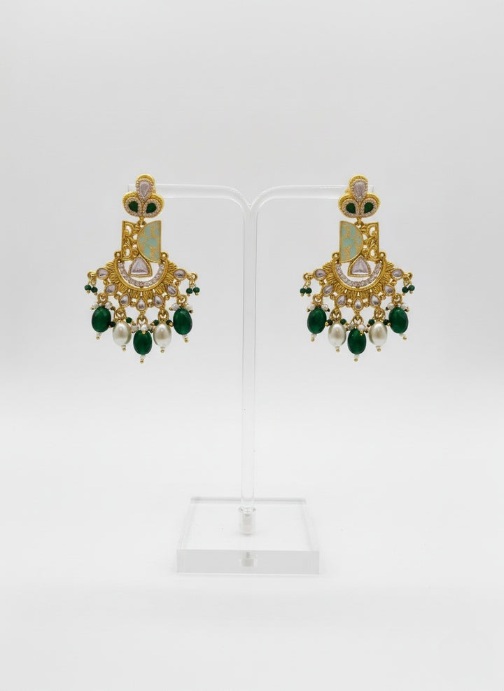 Antique Gold Meenakari Temple Necklace Set with Green Beads & Pearls
