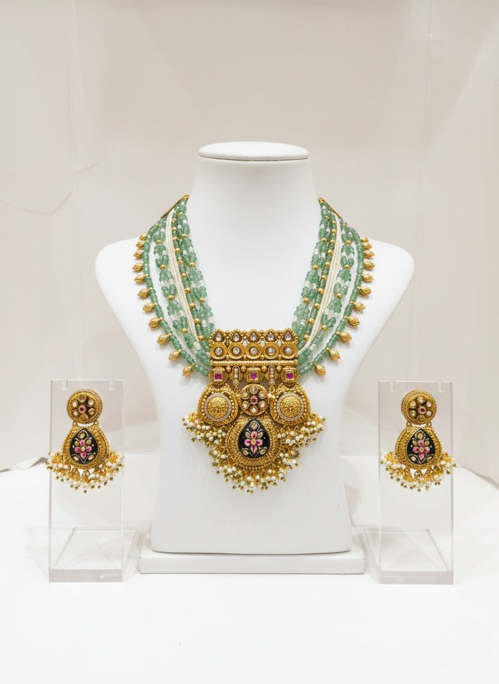 Heritage Temple Kundan Necklace Set with Green Beads & Meenakari Pendant