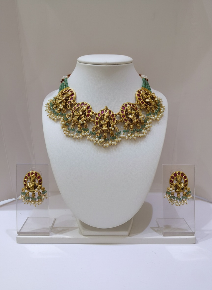 Antique Temple Necklace Set with Lakshmi Motifs & Ruby-Green Detailing