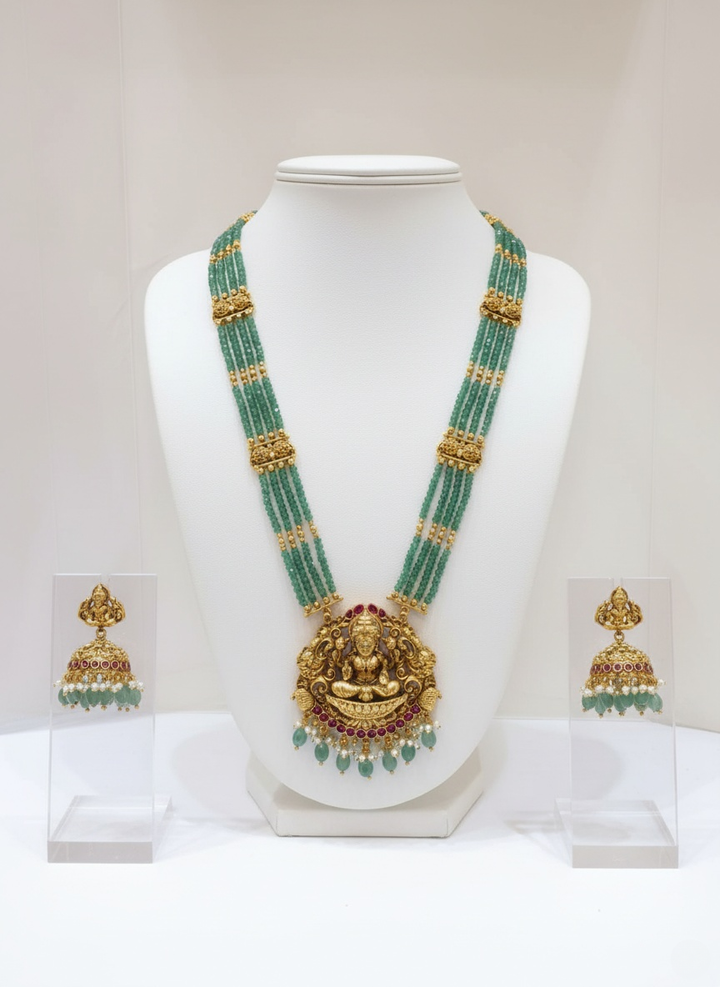 Temple Jewelry Set with Green Beads and Goddess Lakshmi Pendant