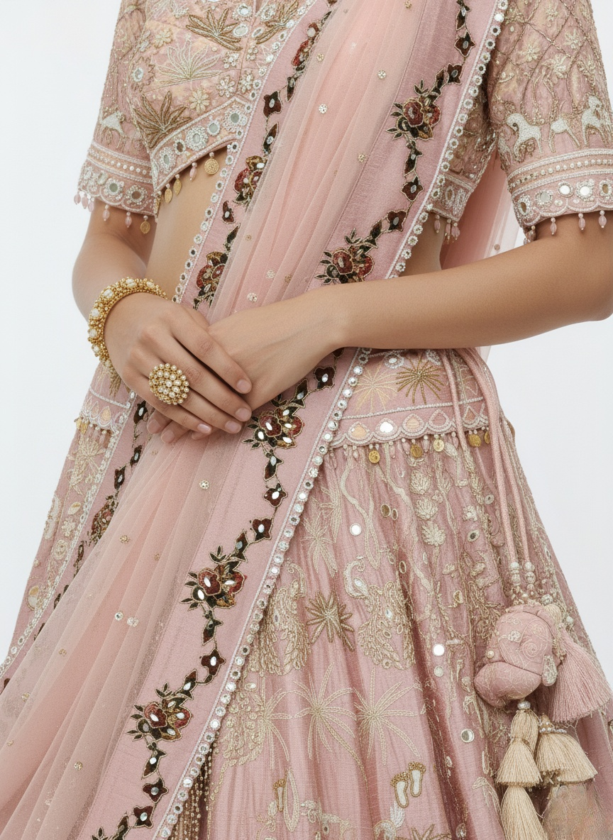 Blush Pink Hand-Embroidered Bridal Lehenga Set with Net Dupatta