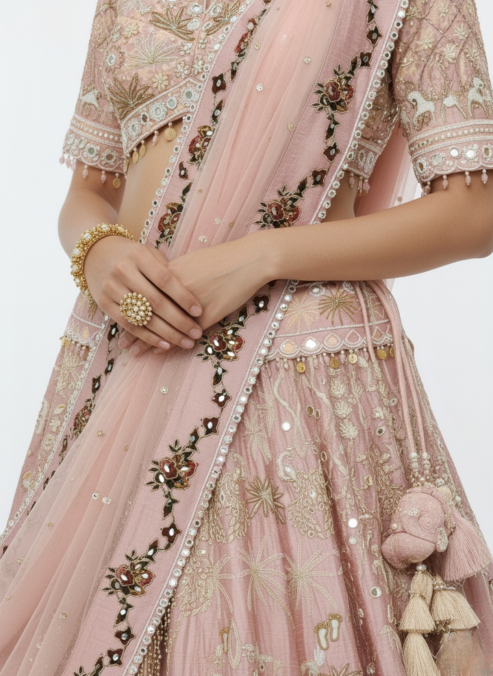 Blush Pink Hand-Embroidered Bridal Lehenga Set with Net Dupatta