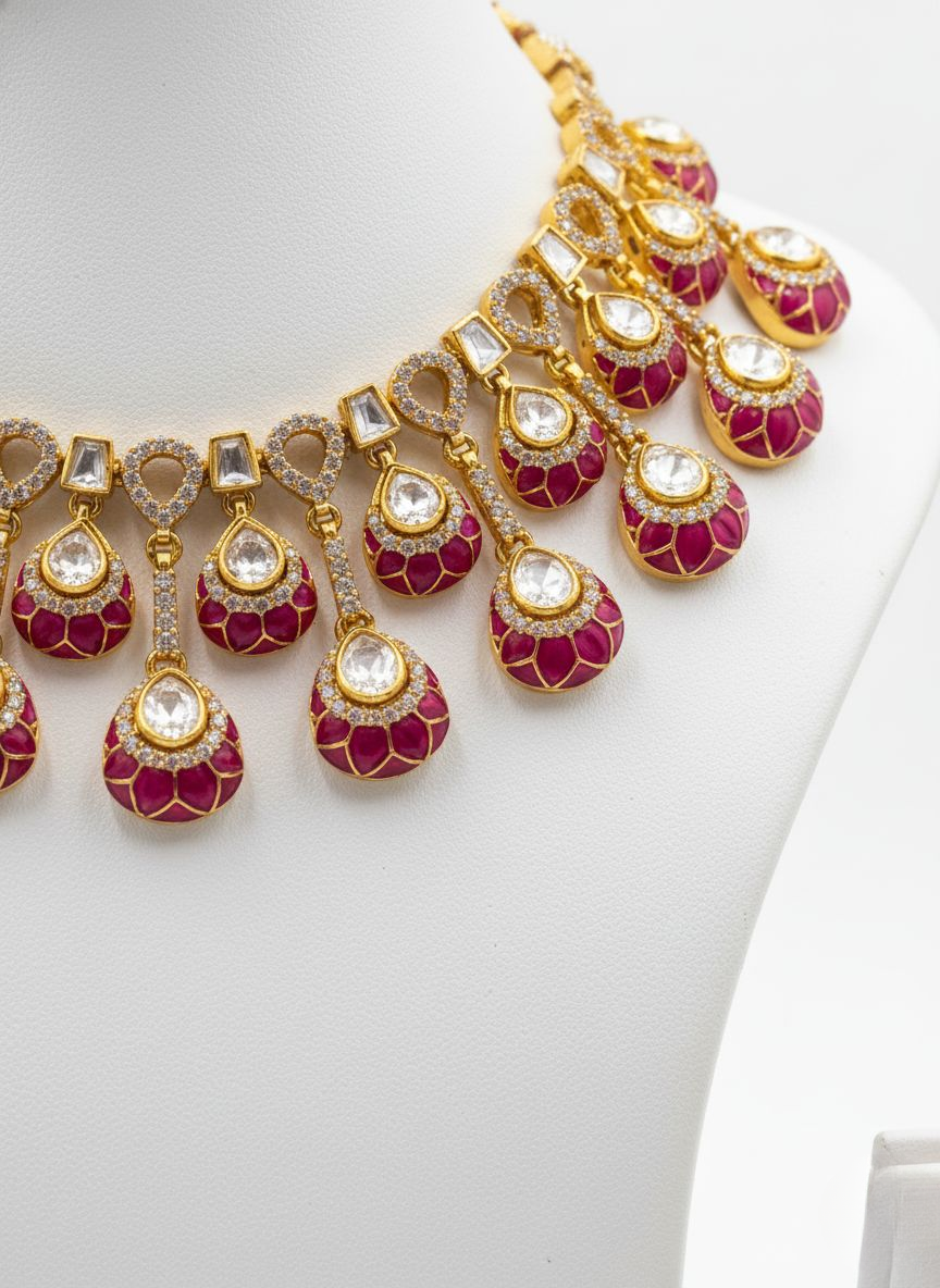 Ruby Red & Gold Kundan Choker Necklace Set with Matching Chandbali Earrings