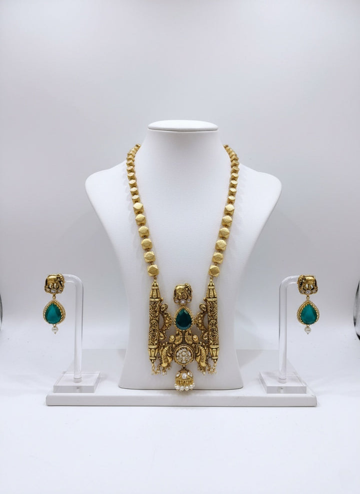 Gold Temple Haram with Green Stone Pendant & Earrings