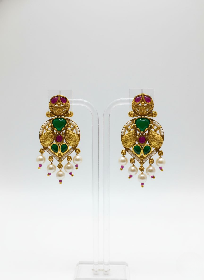 Traditional Gold-Plated Temple Necklace Set with Kundan, Ruby–Green Enamel