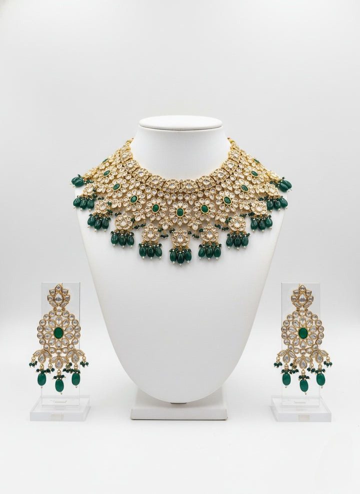 Emerald Green & Gold Heavy Kundan Floral Bridal Necklace Set with Statement Earrings
