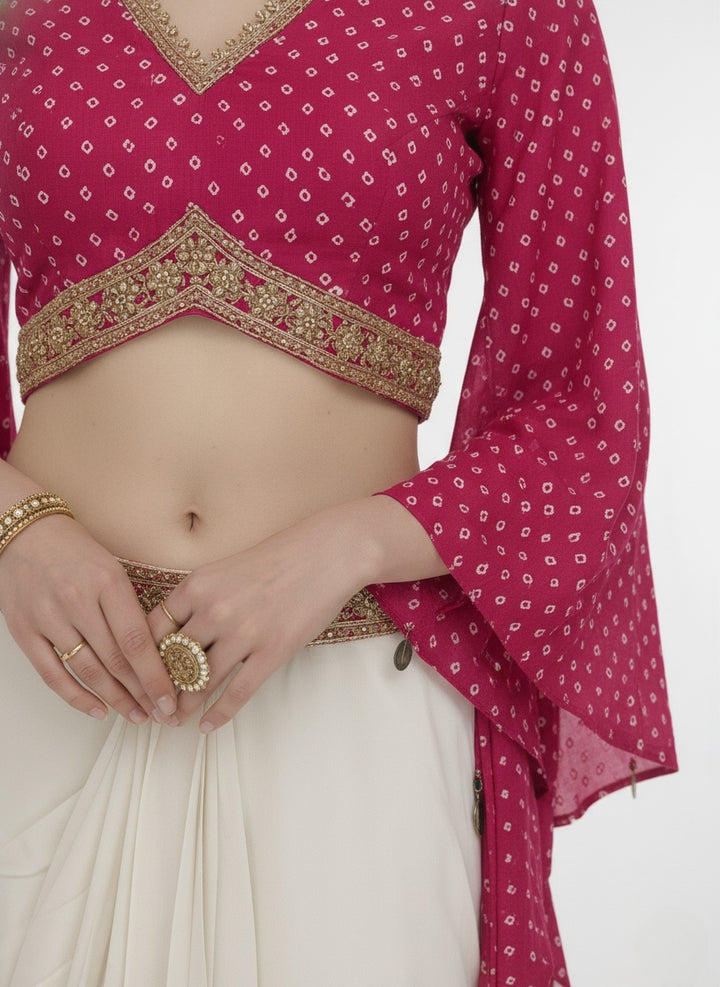 Fuchsia Pink Polka Dot Blouse with Ivory Draped Palazzo Skirt