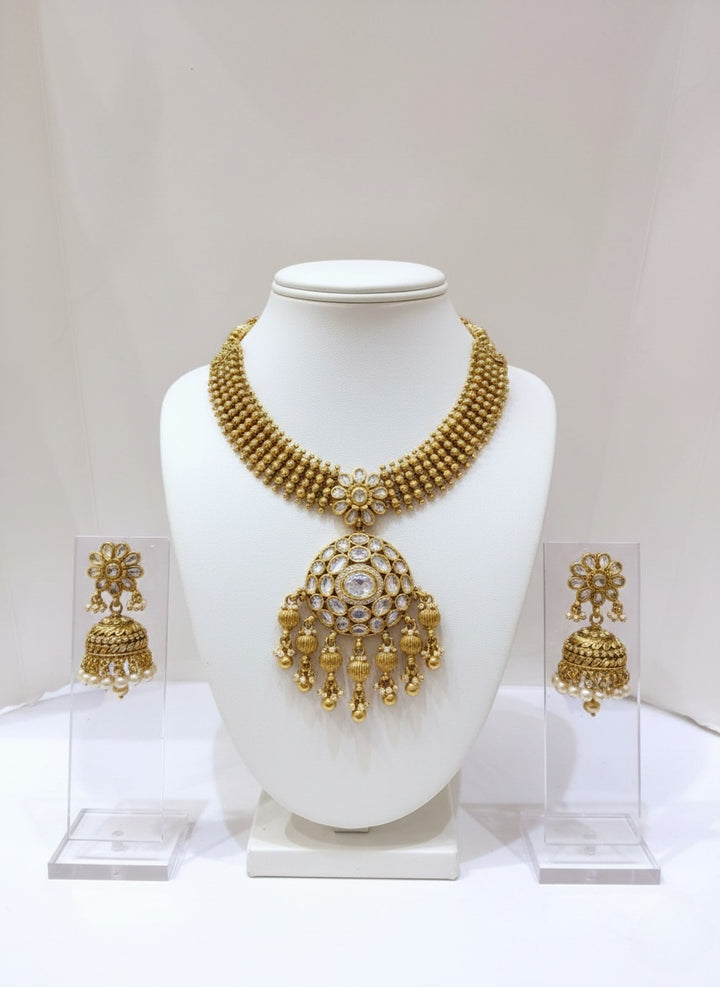 Antique Gold Plated Necklace Set with Kundan Pendant & Jhumka Earrings