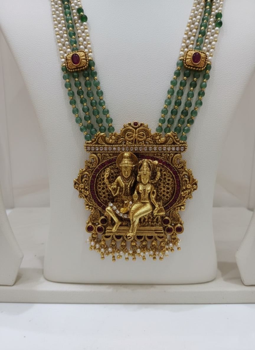 Temple Necklace Set with Shiva-Parvati Pendant & Jhumkas