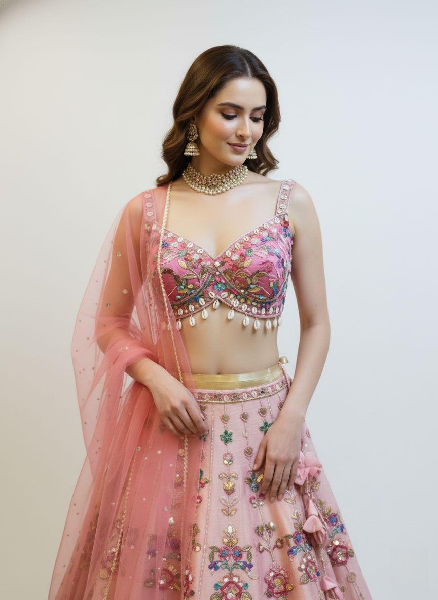 Blush Pink Floral Embroidered Lehenga Set with Mirror Work & Net Dupatta