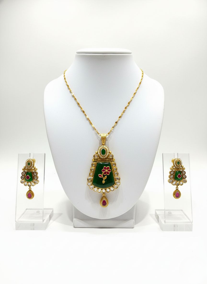 Gold-Plated Green Enamel Kundan Necklace Set with Ruby Drops