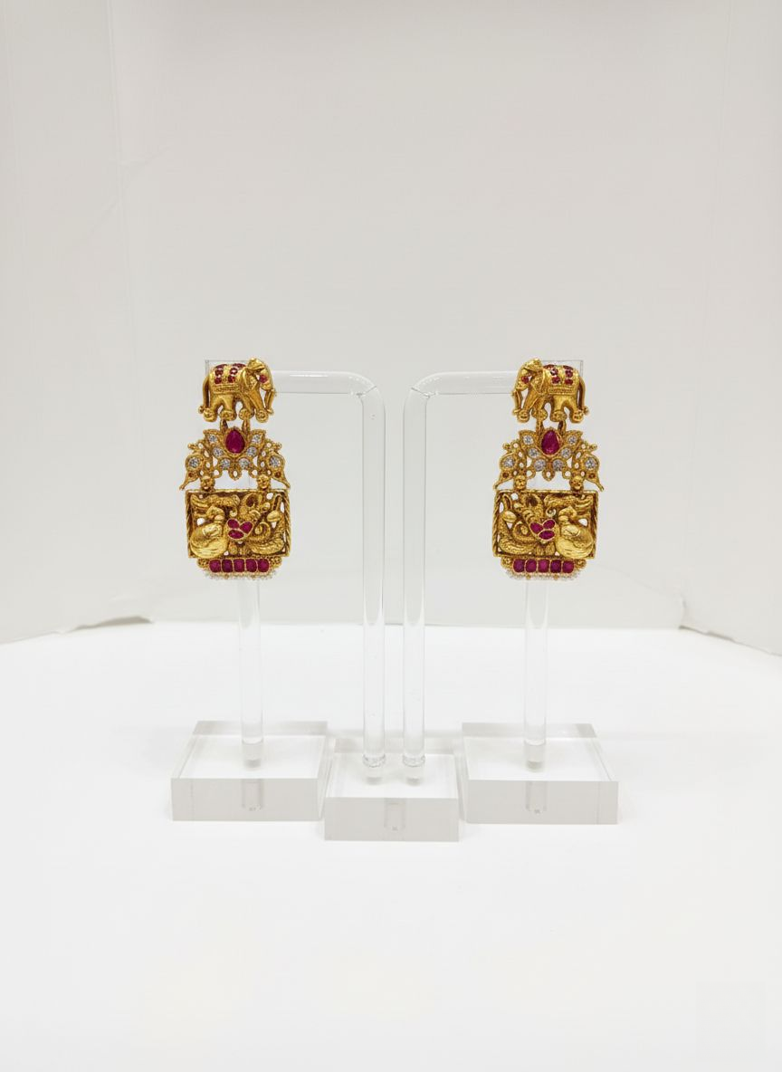 Antique Temple Gold Necklace Set with Lakshmi & Elephant Motifs