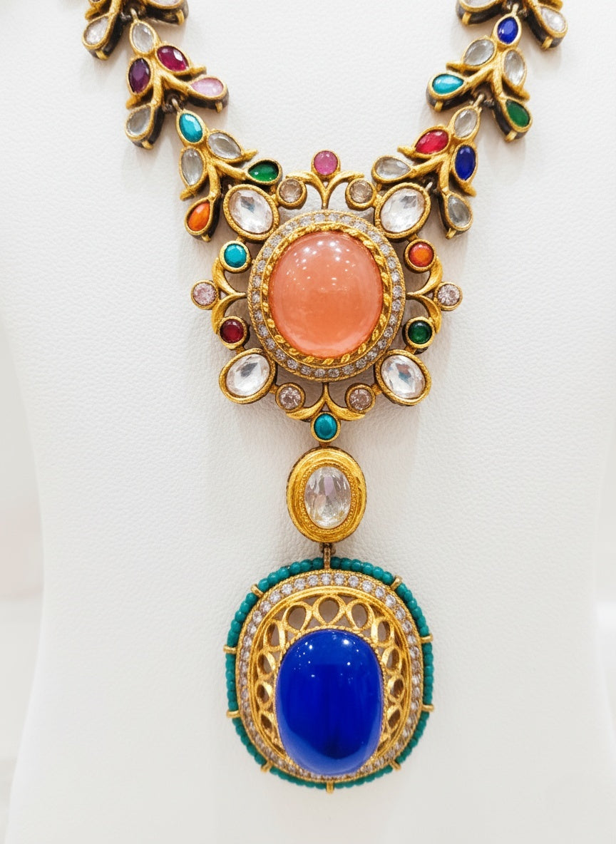 Royal Blue & Multicolor Kundan Necklace Set with Polki and Meenakari Detailing