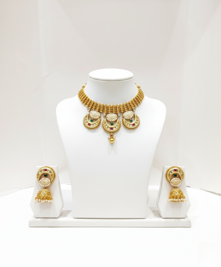 Traditional Kundan Choker Necklace Set with Ruby & Emerald Accents