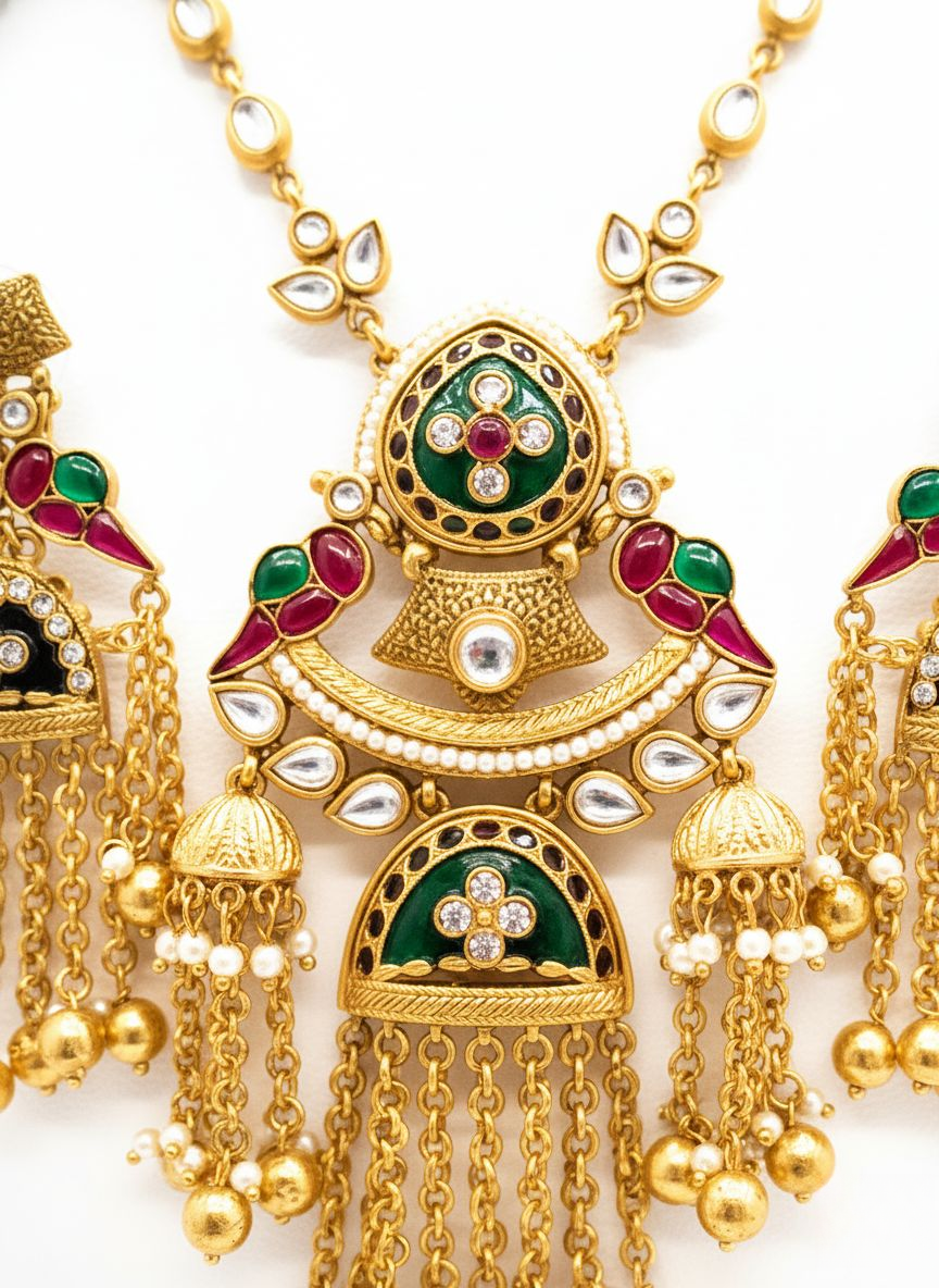 Antique Gold Temple Necklace Set with Ruby & Emerald Stones