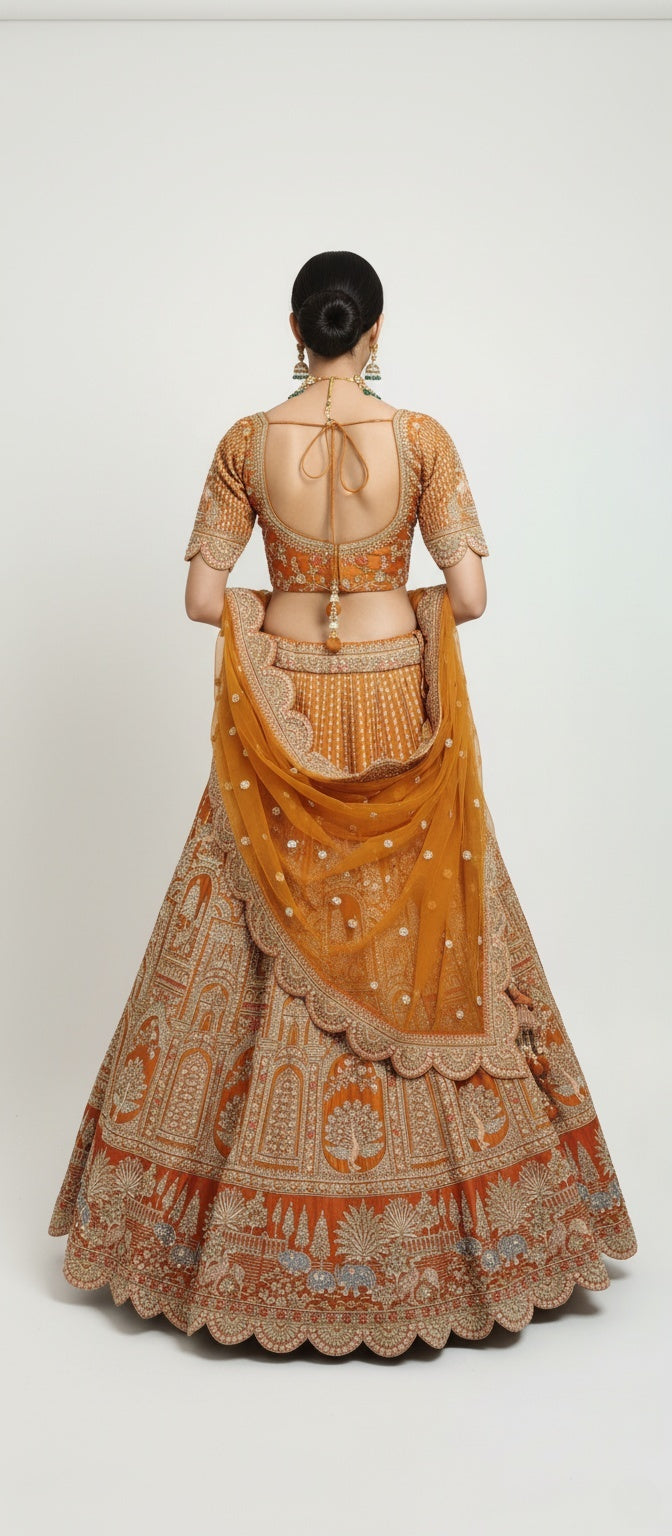 Amber Gold Zardozi Embroidered Bridal Lehenga with Mustard Dupatta