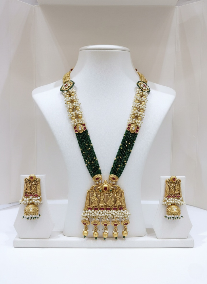 Temple Heritage Long Haar with Green Beads and Pearl Jhumkas