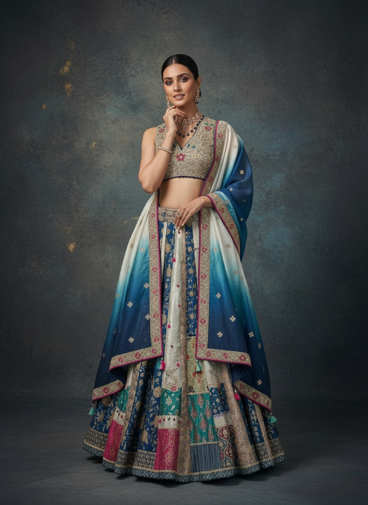 Ocean Ombre Patchwork Silk Lehenga with Embroidered Blouse & Dual-Tone Dupatta