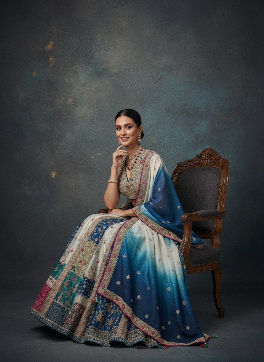 Ocean Ombre Patchwork Silk Lehenga with Embroidered Blouse & Dual-Tone Dupatta